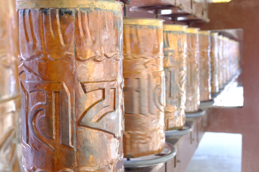 Prayer Wheels Inscribed with Om Mani Padme Hum - Buddhist mantra, Mussoorie, Uttarakhand, India